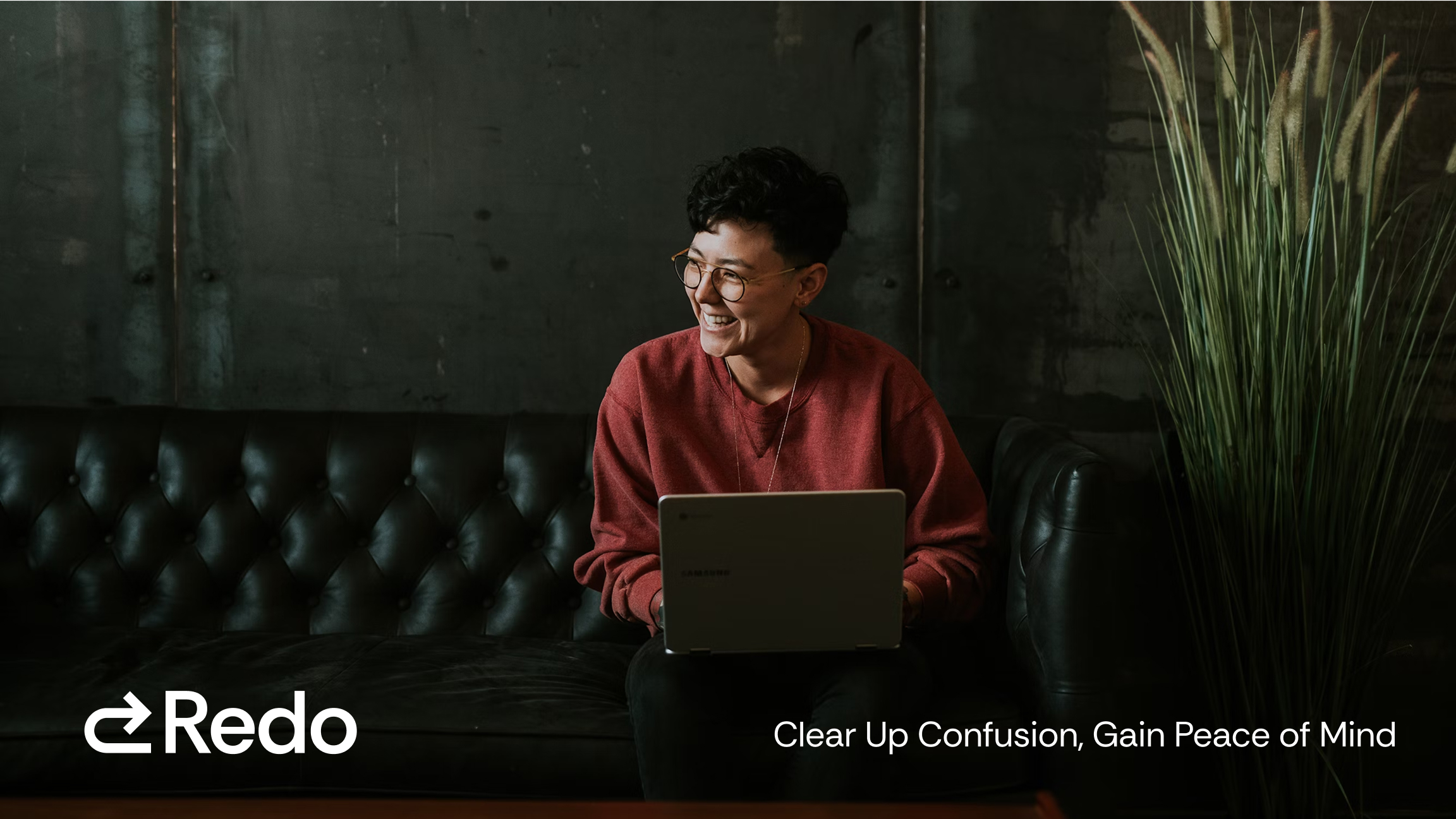 Redo display ad featuring person on laptop and the following text overlay: Redo, clear up confusion, gain peace of mind